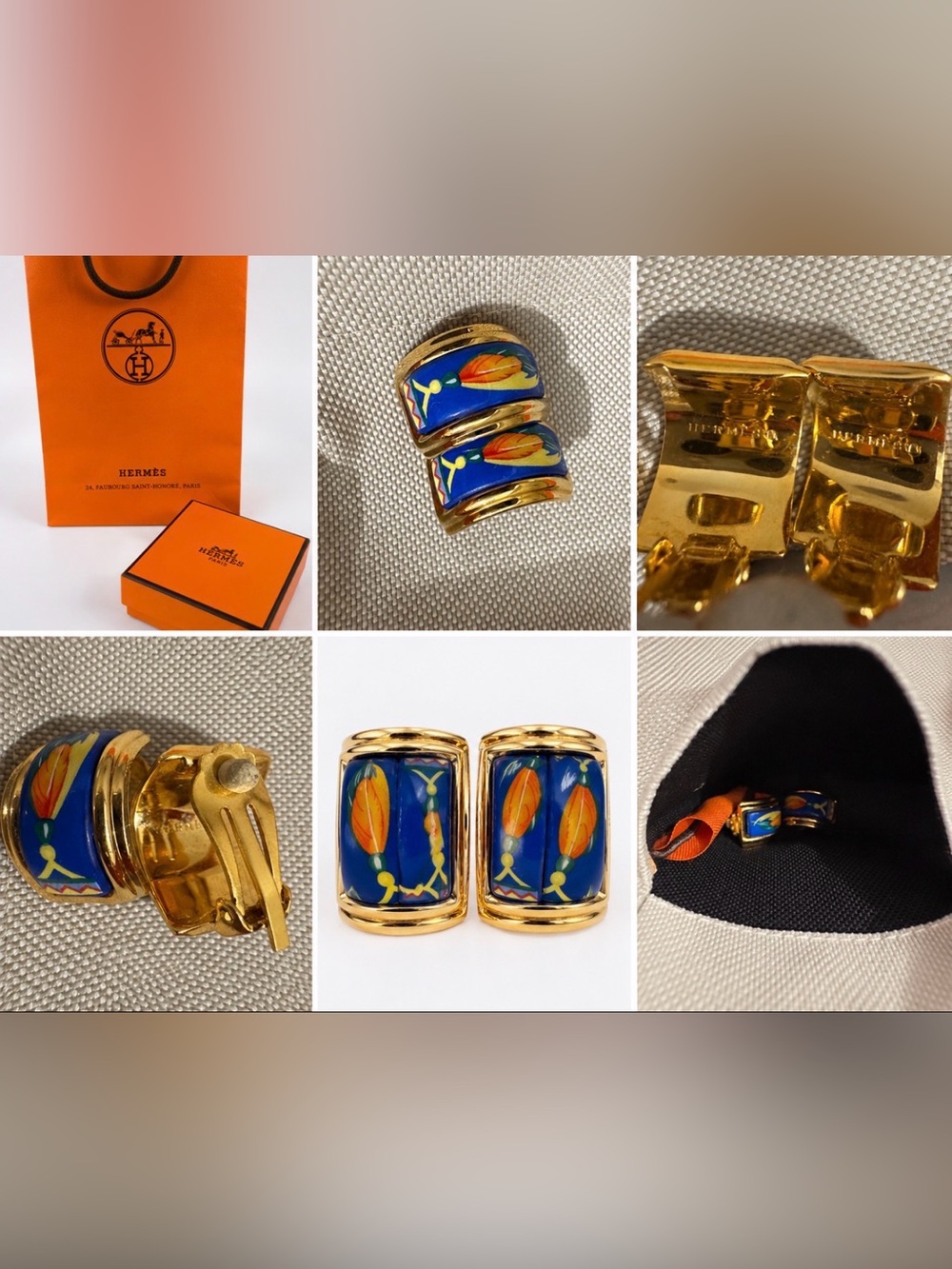 Hermès Enamel Feather Cloisonné Clip-On Earrings Gold Tone Blue Feather Motif